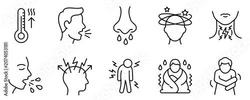 A set of line icons with flu and cold symptoms, including high temperature, coughing, runny nose, headache, sore throat, and body aches. Vector illustration.