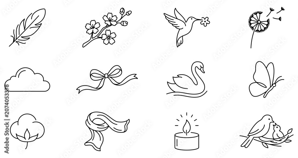 Obraz premium Set of nature, tenderness, and comfort icons, symbols for harmony, natural beauty, tranquility, and home warmth. Vector illustration