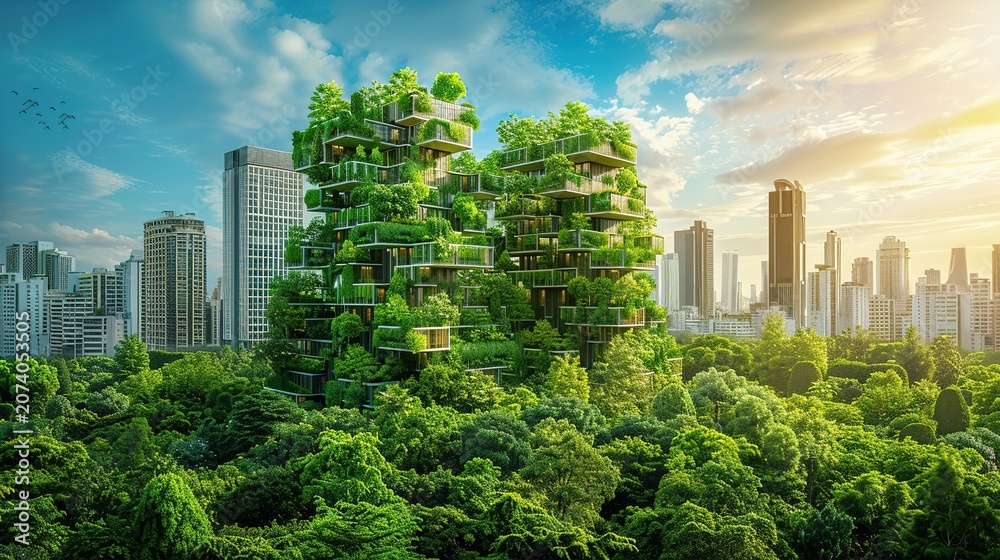 Fototapeta premium Modern Green Smart City Skyline with Sustainable Architecture and Lush Urban Nature