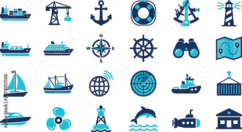 Maritime icons representing various nautical vessels and navigation tools are arranged in a clean grid for professional marine designs.