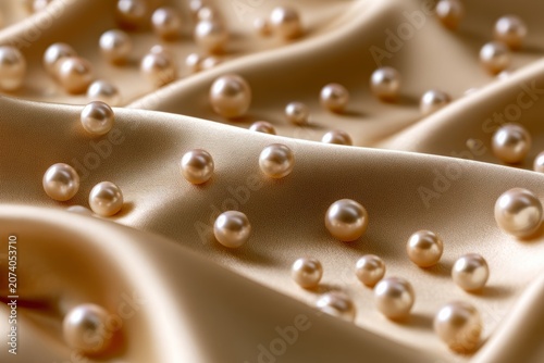 Elegant pearls resting on luxurious beige silk fabric