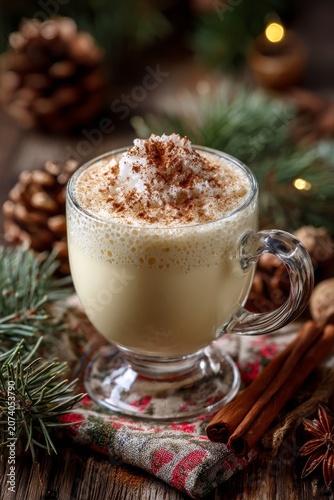 Eggnog drink on wooden table celebrating winter holiday, vertical