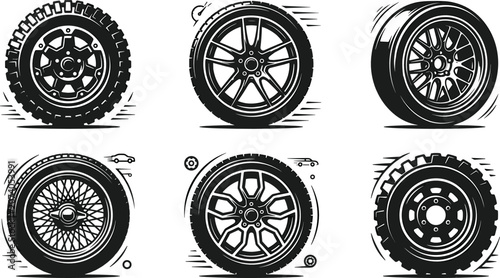 Fotografia Car tire and alloy wheel rim icons set with dynamic speed lines for automotive g