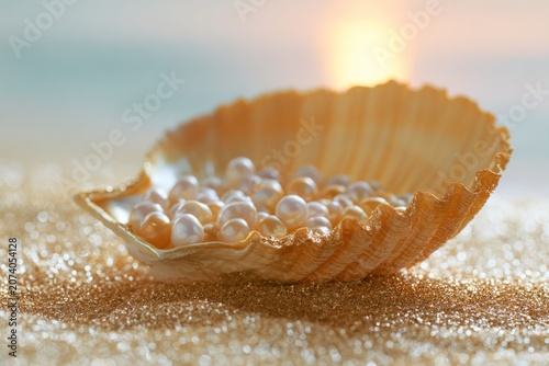 Seashell holding pearls on glittering sand at sunset