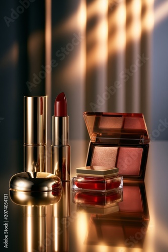 Luxury golden cosmetics creating glamour with reflections, vertical