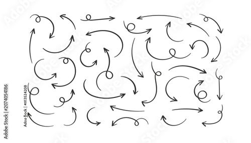 Hand drawn arrow vector set, black ink doodle arrows for business presentations, sketchy curved pointer collection isolated on White Background scribble, hand drawing