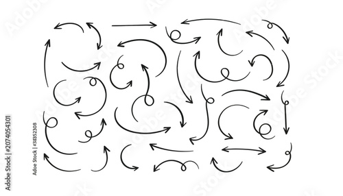 Hand drawn arrow set, black ink sketch pointer collection, organic curved doodle arrows for business presentations isolated on White Background scribble, hand drawing