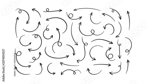 Hand drawn arrow vector set, black ink sketch arrows for business presentations, decorative curly pointer collection isolated on White Background scribble, hand drawing