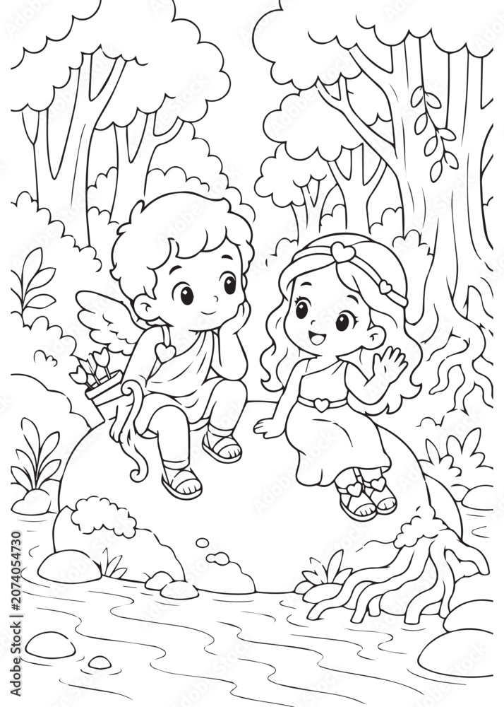 Fototapeta premium coloring book page of a curious cupid duo with cheerful expressions in a tropical jungle riverbank