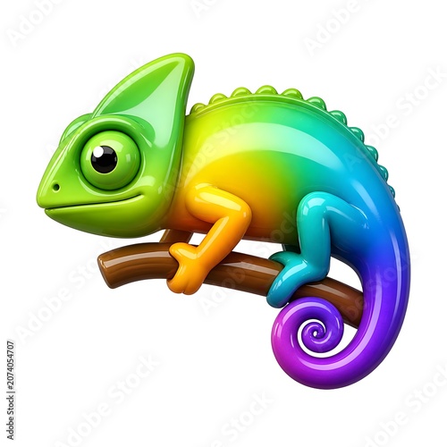 Colorful chameleon reptile perched on branch with swirling tail