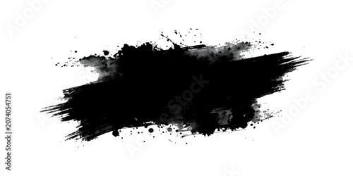 Fotografie Black Ink Splat Grunge Background with Splatter Texture, Spray Drips and Dirty Stain Vector Illustration Design Frame Border Element