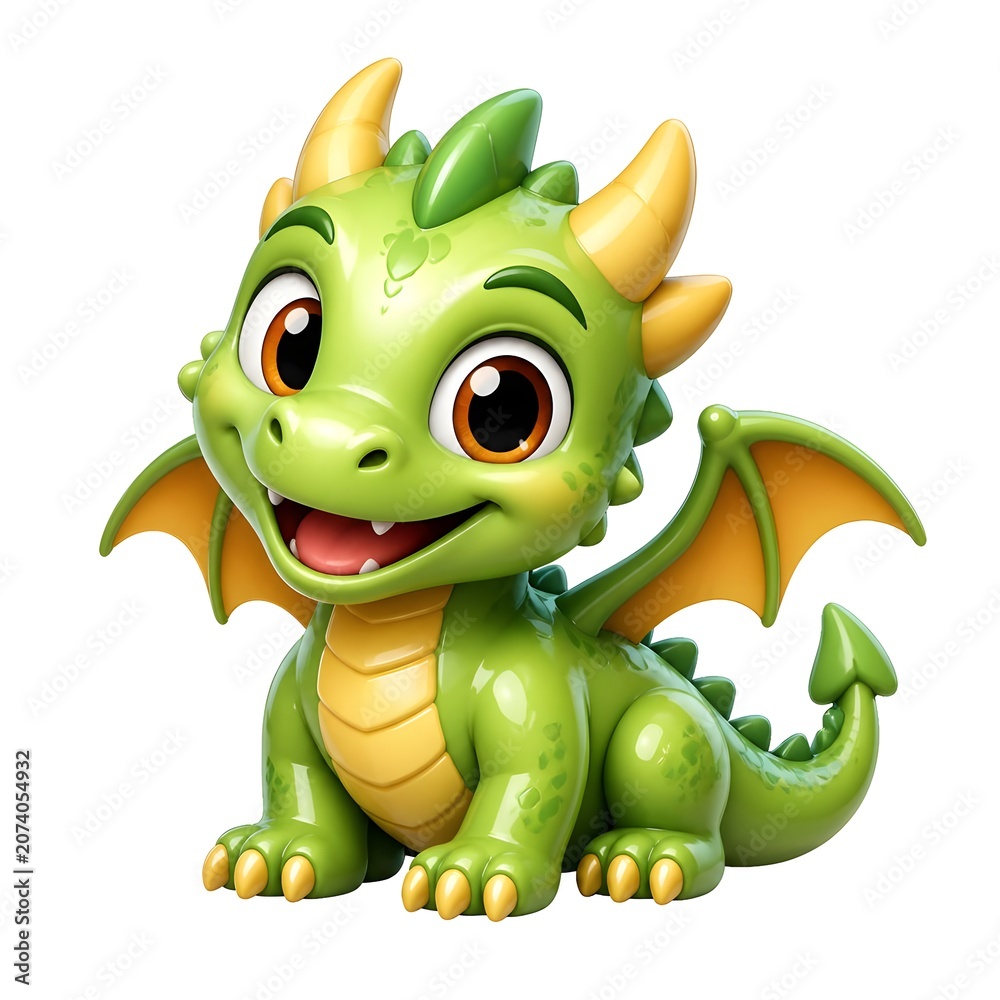 Fototapeta premium Cute cartoon green dragon with orange wings and horns on white background