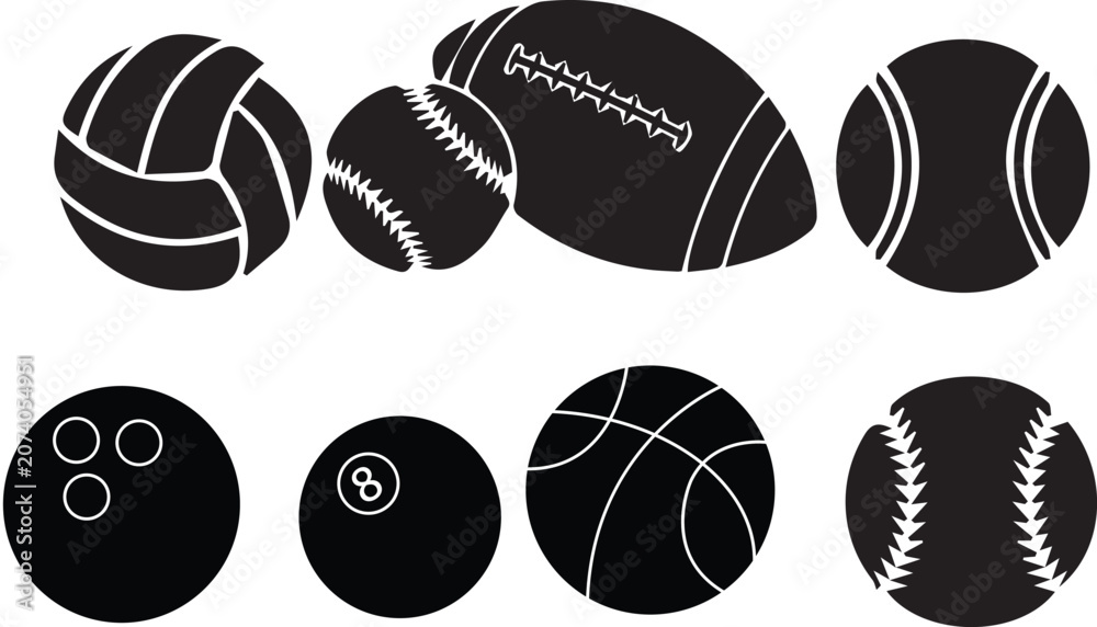 Obraz premium Collection of various sports balls including basketball, soccer, football, bowling, and tennis isolated on white background