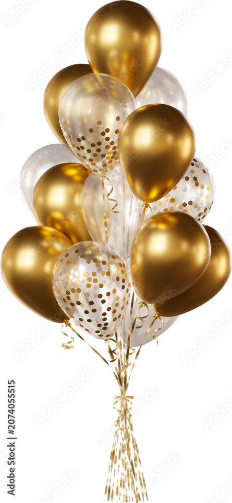 Fototapeta premium Balloon bouquet with transparent, gold confetti, and gold balloons isolated on a transparent background. A bunch of realistic balloons for birthdays, weddings, anniversaries, New Year, and events..