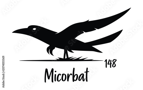 Black crow silhouette vector logo, Micorbat 148 raven graphic, minimalist bird icon for branding and creative design isolated on White Background scribble, hand drawing
