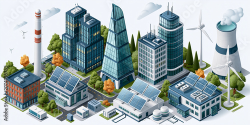 Sustainable City with Solar Panels and Wind Turbines