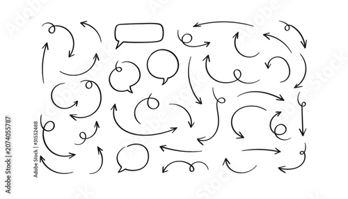Hand drawn arrow set with speech bubbles, black ink doodle arrows, sketchy pointer collection for business diagrams isolated on White Background scribble, hand drawing