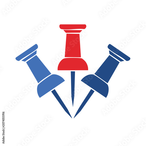 Three flat push pin icons in red and blue