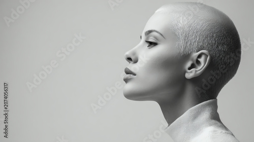 A striking black and white portrait of a bald woman exuding confidence and elegance.