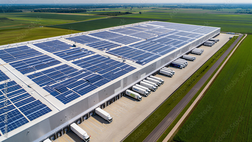 Fototapeta premium Aerial view of a massive logistics warehouse facility with a solar panel rooftop, warehouse