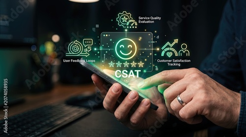 Customer satisfaction tracking and evaluation with user feedback loops visual representation of csat metrics on a mobile device in a modern office setting