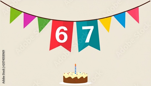 Festive Flag Garland and Cake with Number 67 for Birthday and Anniversary Party