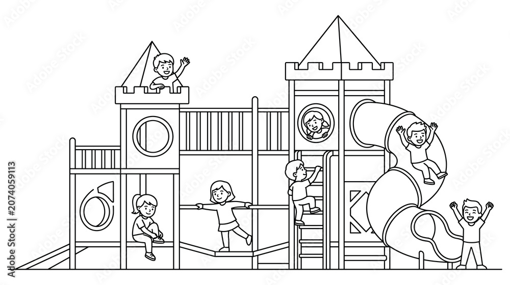 Fototapeta premium Children playing on large castle themed playground structure.