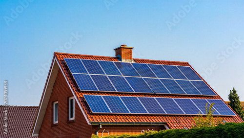 Quadro su tela Solar panels on a red brick residential house roof with photovoltaic renewable s