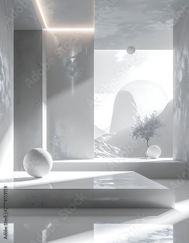 A minimalist white room with geometric shapes and natural light