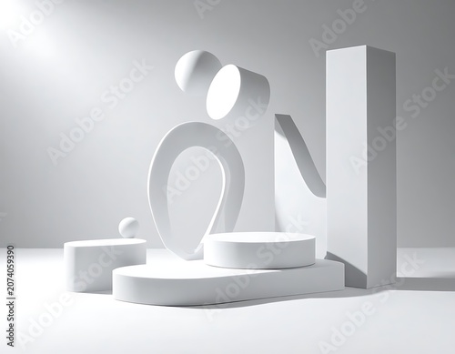 A minimalist white sculpture arrangement