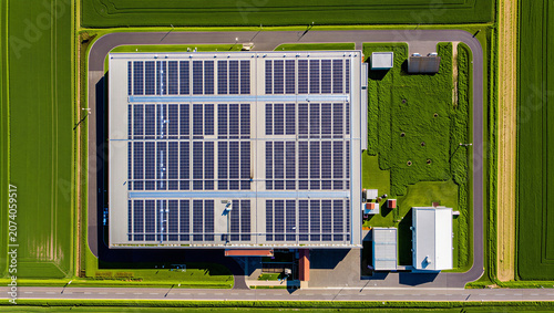 Obraz na płótnie Aerial view of an industrial building with rooftop solar panels surrounded by gr