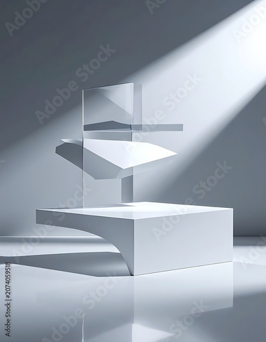 A minimalist white sculpture with geometric shapes