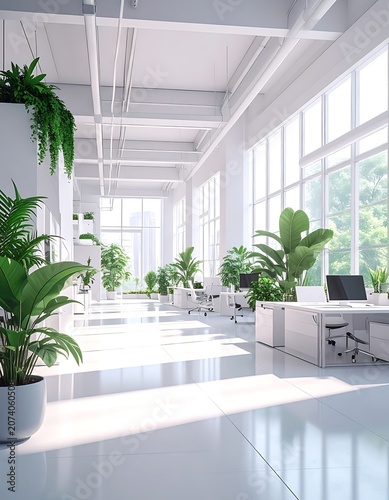 A modern, bright office space with lush greenery and sleek furniture