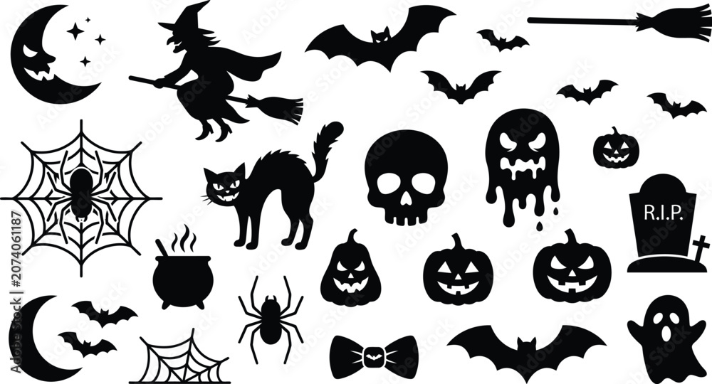 Fototapeta premium Helloween collection black silhouette icons for halloween witch bats skull and spooky elements
