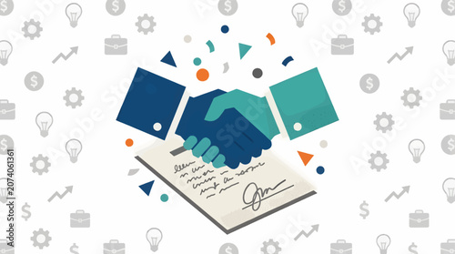 Foto Flat Vector Illustration of Two Stylized Hands Shaking Above a Signed Contract,