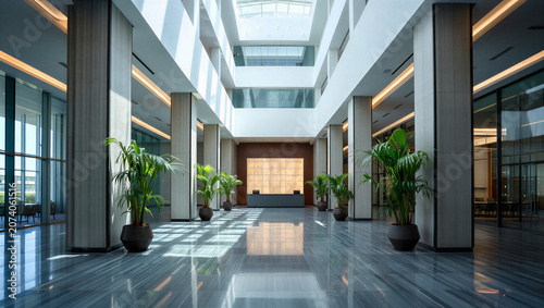 Foto Spacious modern corporate building lobby with marble floors and potted plants co