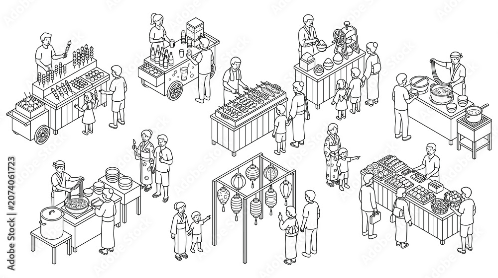 Obraz premium Isometric illustration of street vendors and customers.