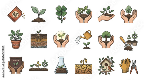Collection of Gardening, Planting, and Growth Icons Set