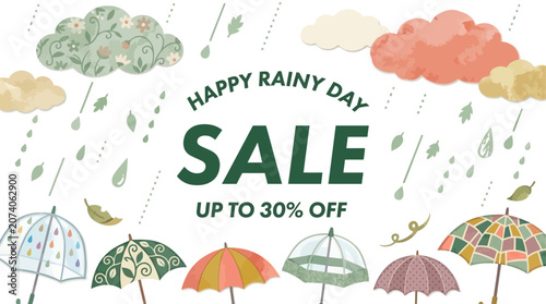 Charming Rainy Day Sale Banner with Up to 30% Off Promotion