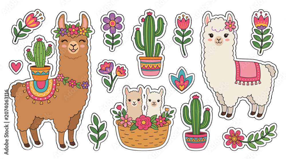 Obraz premium Cute llama and cactus sticker set with flowers and basket