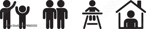 Black silhouette people icons in various everyday life situations standing together