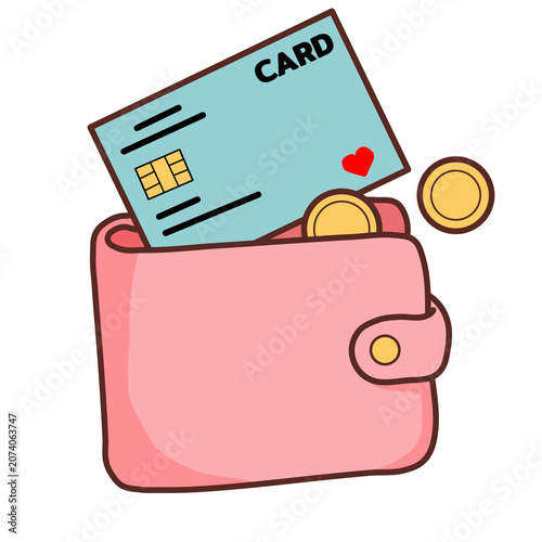 A pink leather wallet with blue bank card and gold coins cash for business payment finance and saving concept illustration