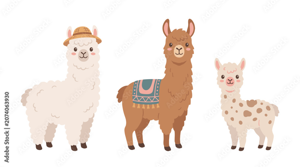 Fototapeta premium Cute cartoon alpacas and llama characters set on white