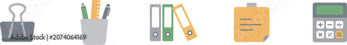 Office supplies and stationery flat icon set, paper clip, pen holder, binders, sticky note, calculator vector