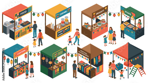 Quadro su tela Isometric festival market stalls with people shopping at booths.