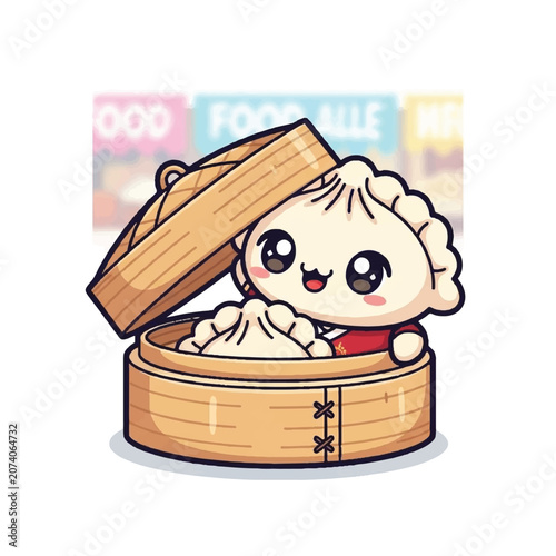 Cute Kawaii Dumpling Character Peeking Out of Steamer Basket.