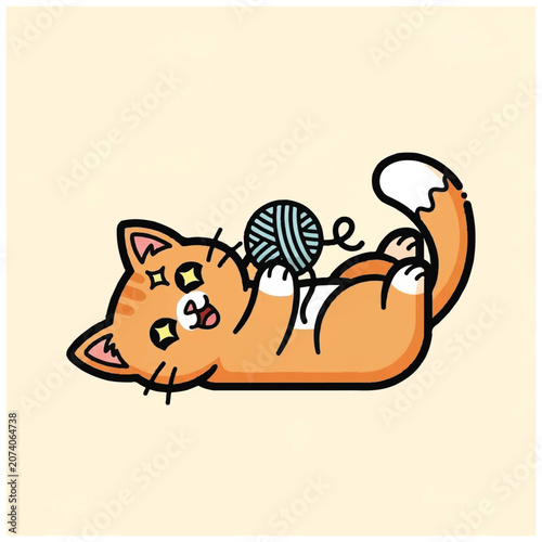 Cute orange cat with yarn ball.