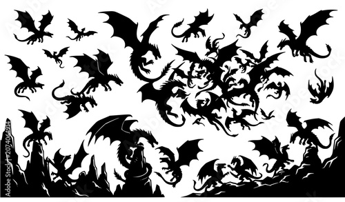 Tableau sur toile Minimal dragon war silhouettes vector illustration fantasy monster clash scene i