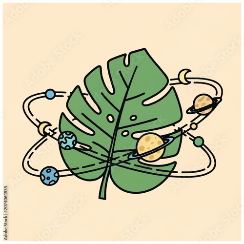 Monstera leaf with planets and orbits in a minimalist style.