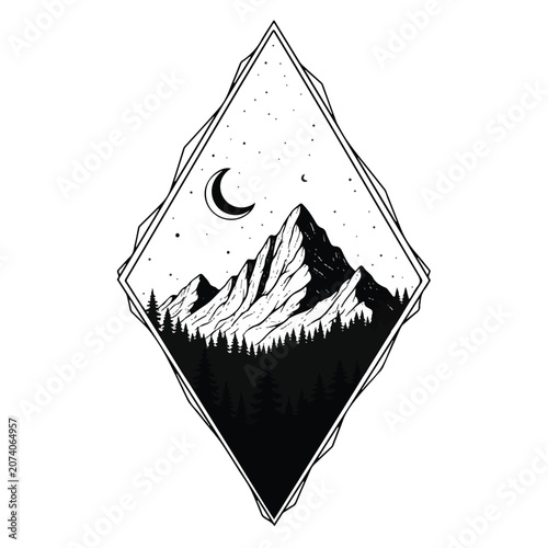 Mountain Landscape with Crescent Moon.